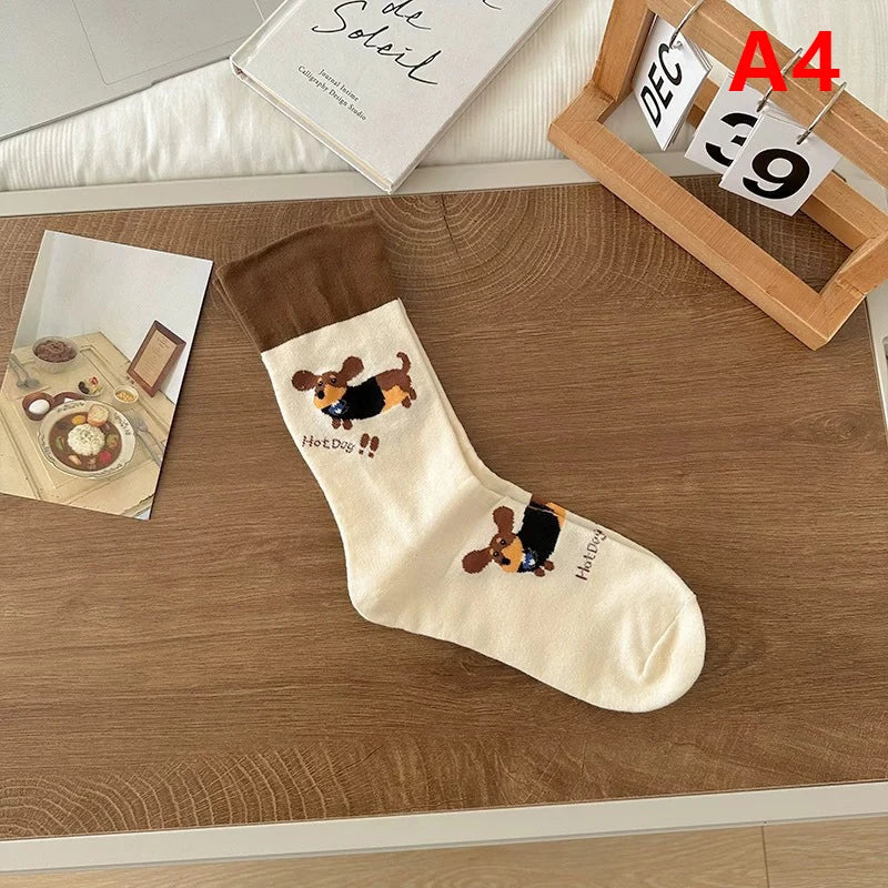 1Pair Funny Dachshund Animal Cotton Socks Sausage Dog Cartoon Print Socks Cute Couple Sock Quake One Size A4