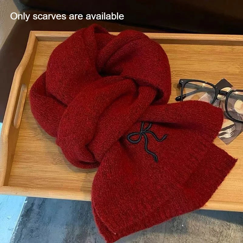 1pc College Style Imitation Cashmere Scarf Winter New Item Solid Color Embroidered Bow Couple Scarf Quake red
