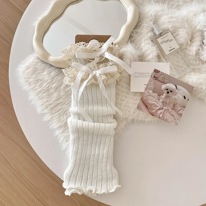 1 pair Y2K Lace Ribbon Leg Warmers Women Autumn Winter Ballet Style Lolita Knee Warmers JK Knitted Long Stockings Quake