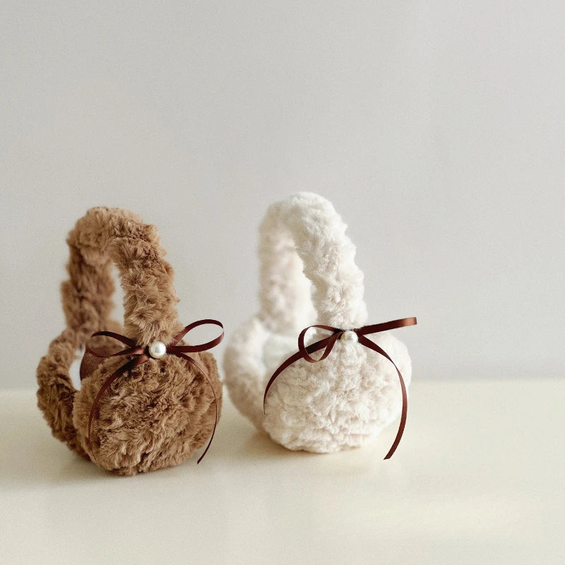 1pc Winter Warm Sun Pearl Bow Plush Earrings Female Students Windproof Ear Protection Warm Earrings Quake