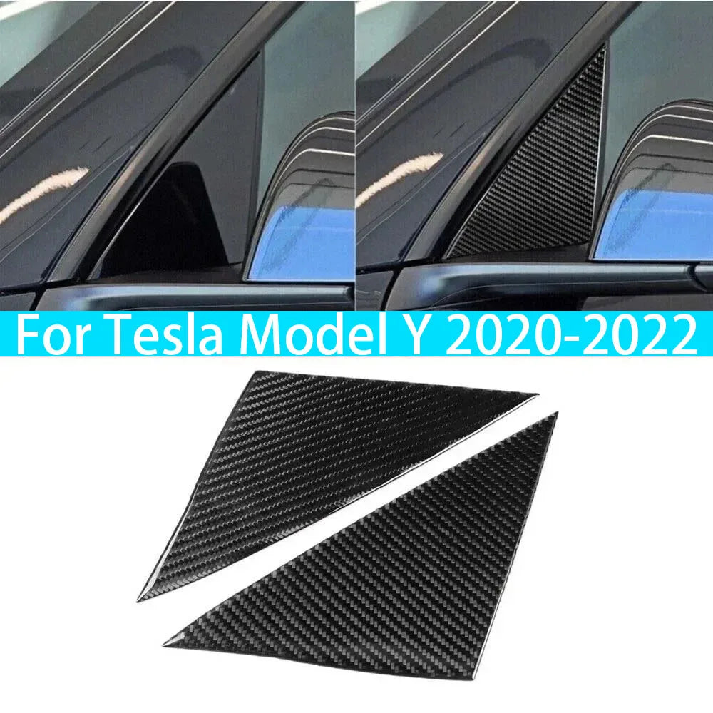 For Tesla Model Y 2020-2022 Real Carbon Fiber Car Front A Pillar Triangle Window Louver Side Shades Cover Trim Sticker Quake Default Title