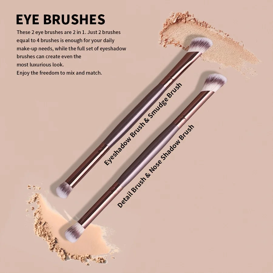 4 PCS Double-Ended Makeup Brush Set for Foundation, Powder, Eyeshadow, Blush , Nose Shadow, Eyeliner Brush, Eyelash Curler Quake