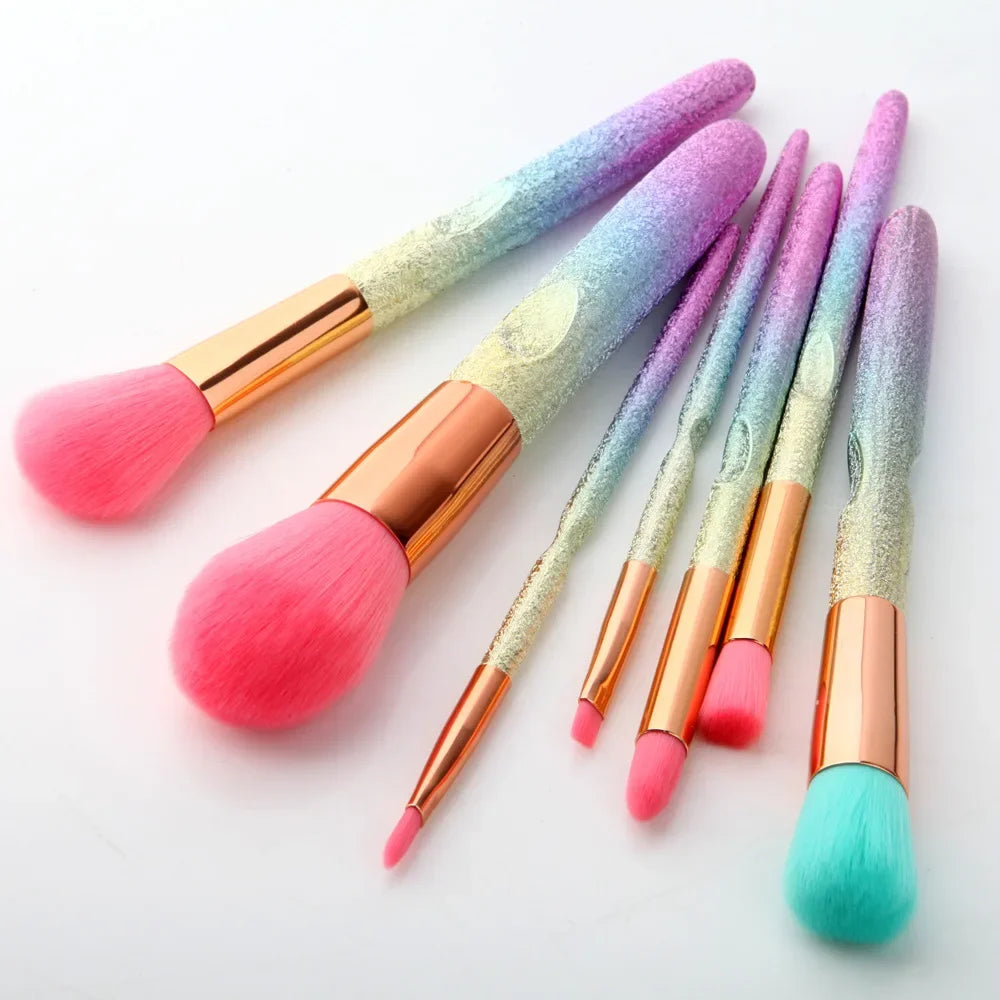 7Pcs Rainbow Glitter Makeup Brushes Set Portable Powder Blush Blending Eyeshadow Brush Kit Unicorn Cosmetic tool with Box Quake