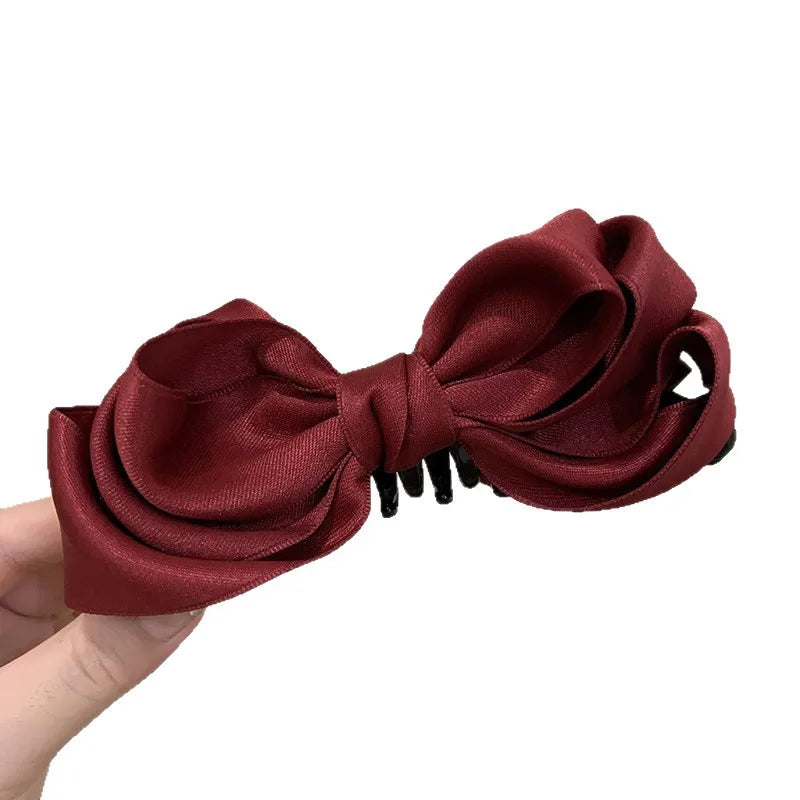 Korean Double-sided Pink Satin Bow Banana Clip Ballet Style Back Head Ponytail Women Girls Hair Styling Vertical Clip Headband Quake