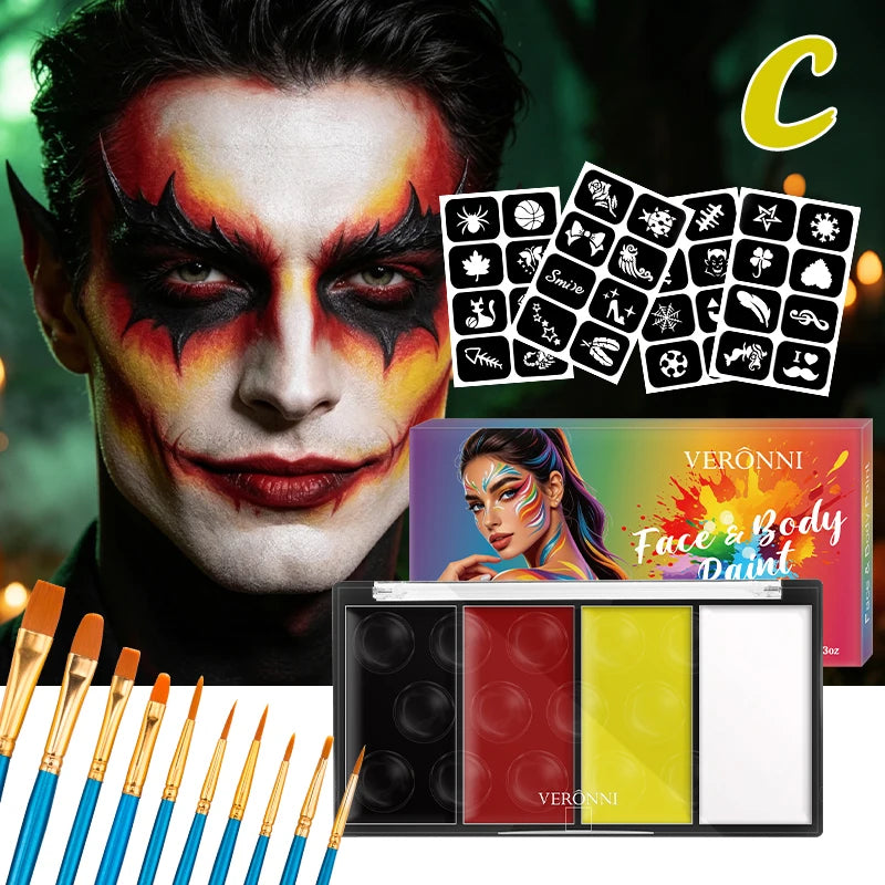 4 Color Lasting Face Body Painting Kit for Kids Adult,Face Paint template with Brush,Halloween Carnival Artist Cosplay Art Party Quake 3pcs C