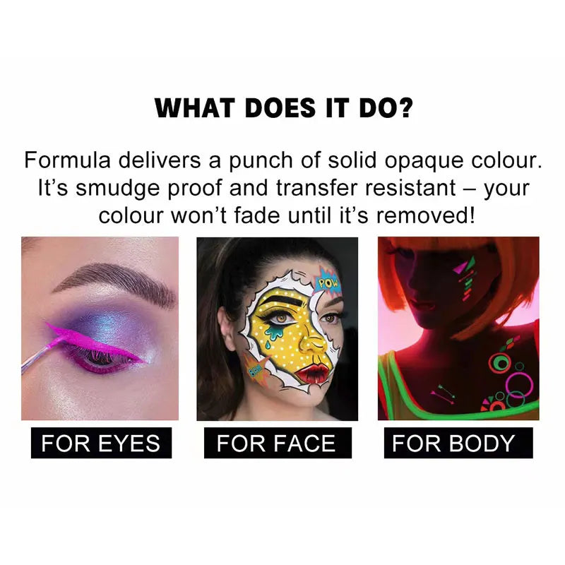 12-Color Vibrant UV Glow Face Paint Kit -Long-Lasting Oil-Neon Fluorescent Palette with Brushes Body Art Nighttime Face Painting Quake