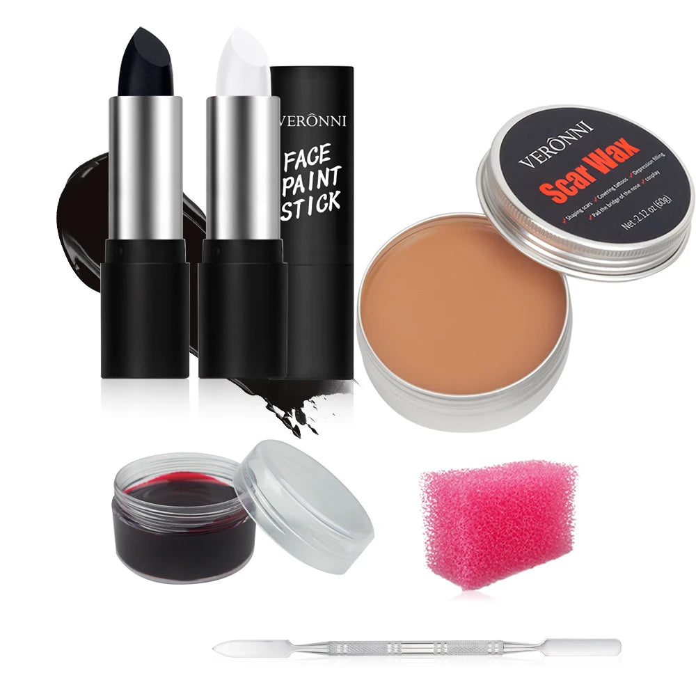 6Pcs SFX Makeup Kit Face Body Painting with Scar Wax, Fake Blood,Spatula, ponge,Halloween Artist Makeup Painting Kit Halloween M Quake 02