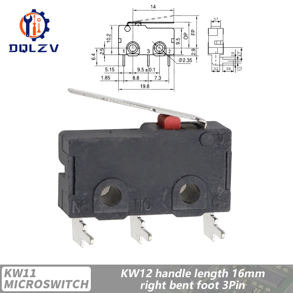 5A 125V250V KW12 Travel Limit Switch KW11-3Z-2 With Handle 16mm Contact Button Micro switch KW12-N 2Pin/3Pin KW12-A NO/NC Quake Right foot With rod 5PCS