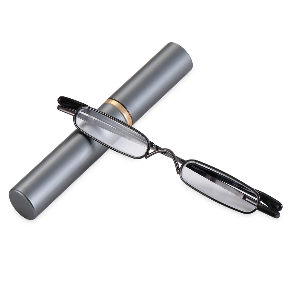 Compact Spring Hinged Men Women Eyeglasses Readers with Pen Clip Tube Case Slim Pen Reading Glasses Slim Reading Glasses Quake gray Strength 3.5x
