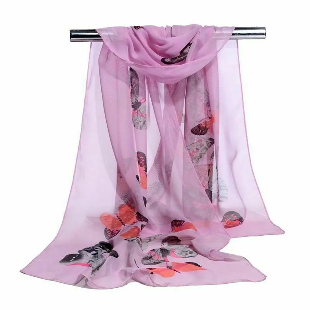 New Trendy Elegant Silk Scarves Women's Butterfly Flower Print Long Chiffon Scarf Soft Wrap Lady Shawl Fashion Accessories Quake pink