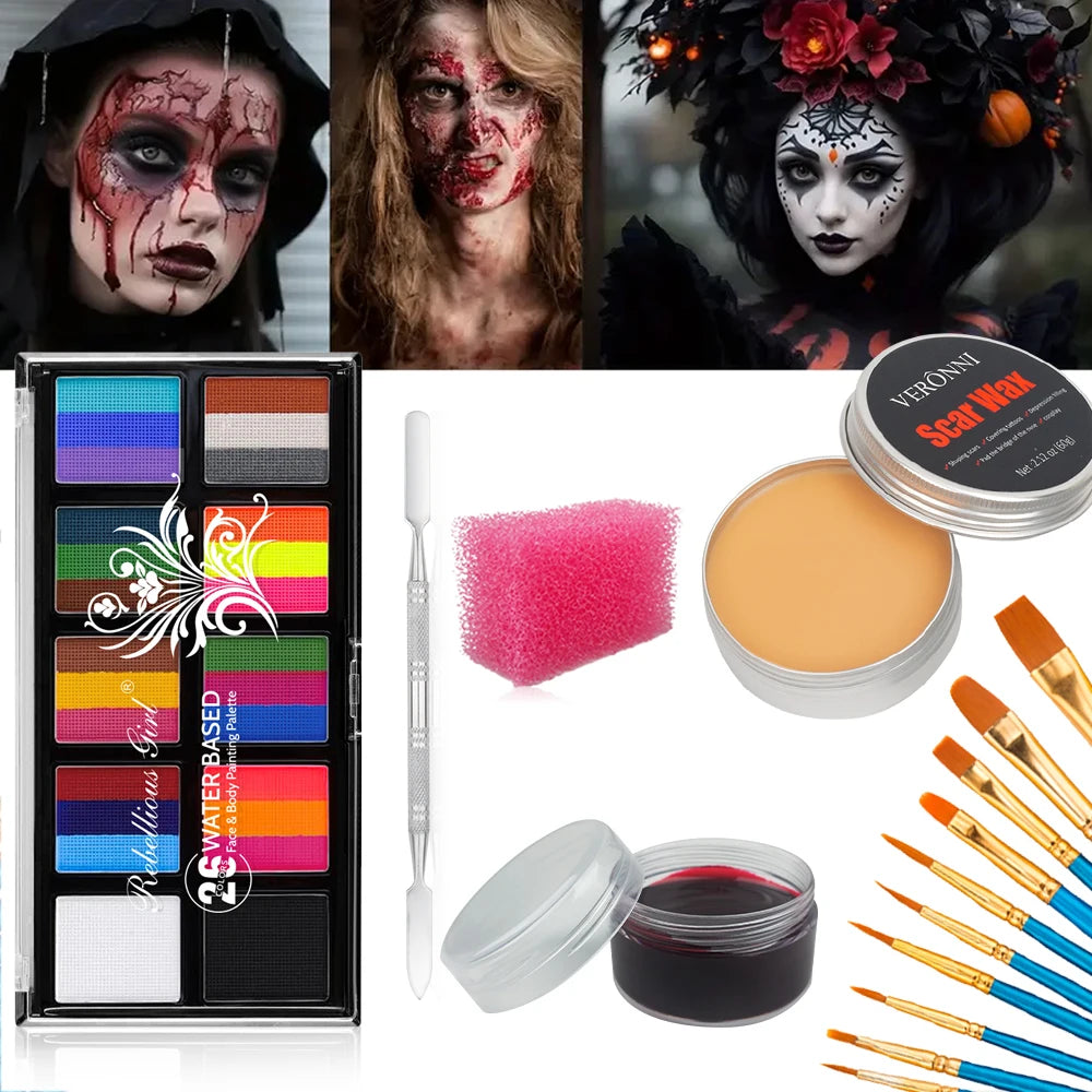 6 PCS SFX Makeup Set 26 Colors Face Body Paint Special Effect Halloween Party Wound Scar Wax Makeup with Spatula Sponge plasma Quake