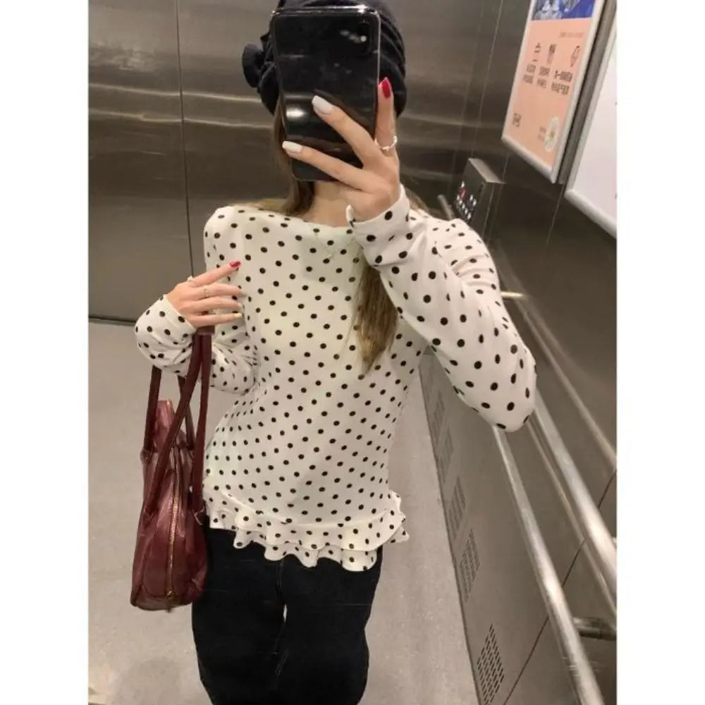 2025 Ruffle Trim Long Sleeve T-Shirt Polka Dot Sweet Layered Blouse Thin Vero Moda Quake