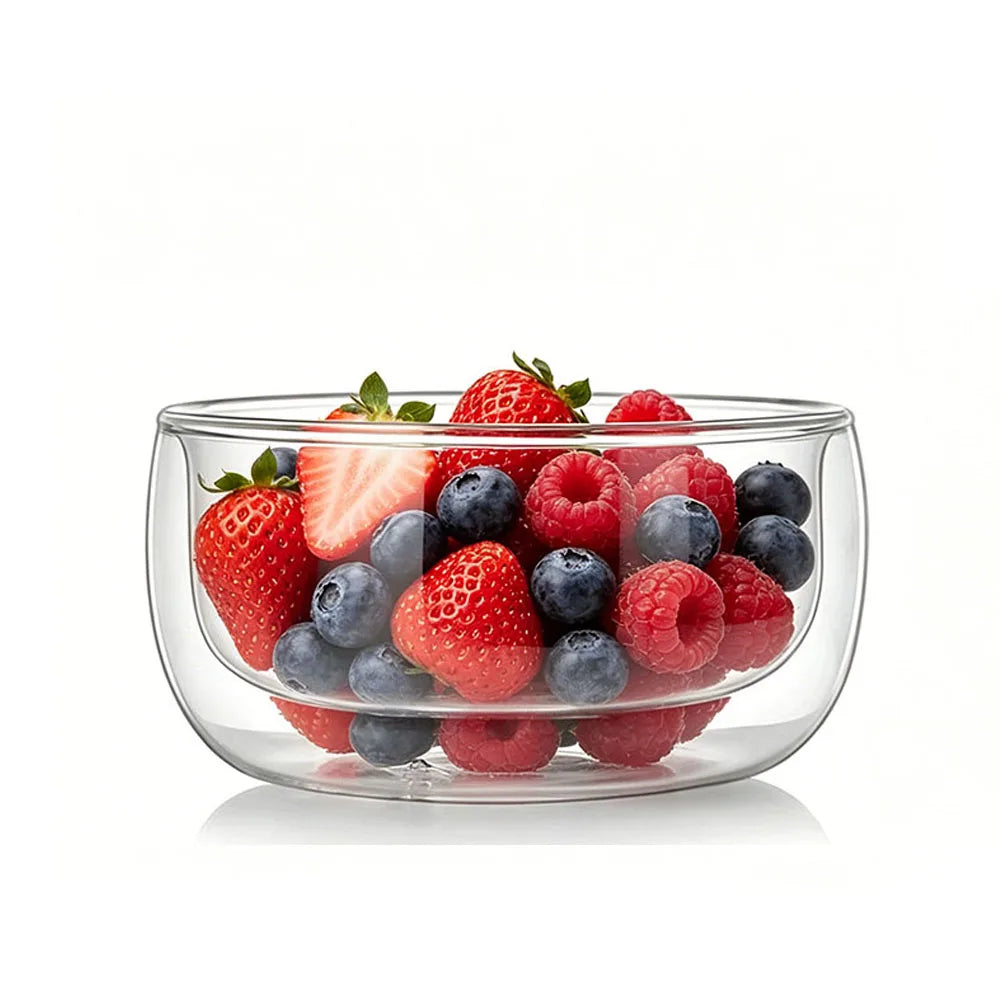 YWDL Double Wall Glass Bowls 300ml/500ml High Borosilicate Dessert Bowl Serving Bowls for Salad Yogurt Ice Cream Soup Quake square base 300ml
