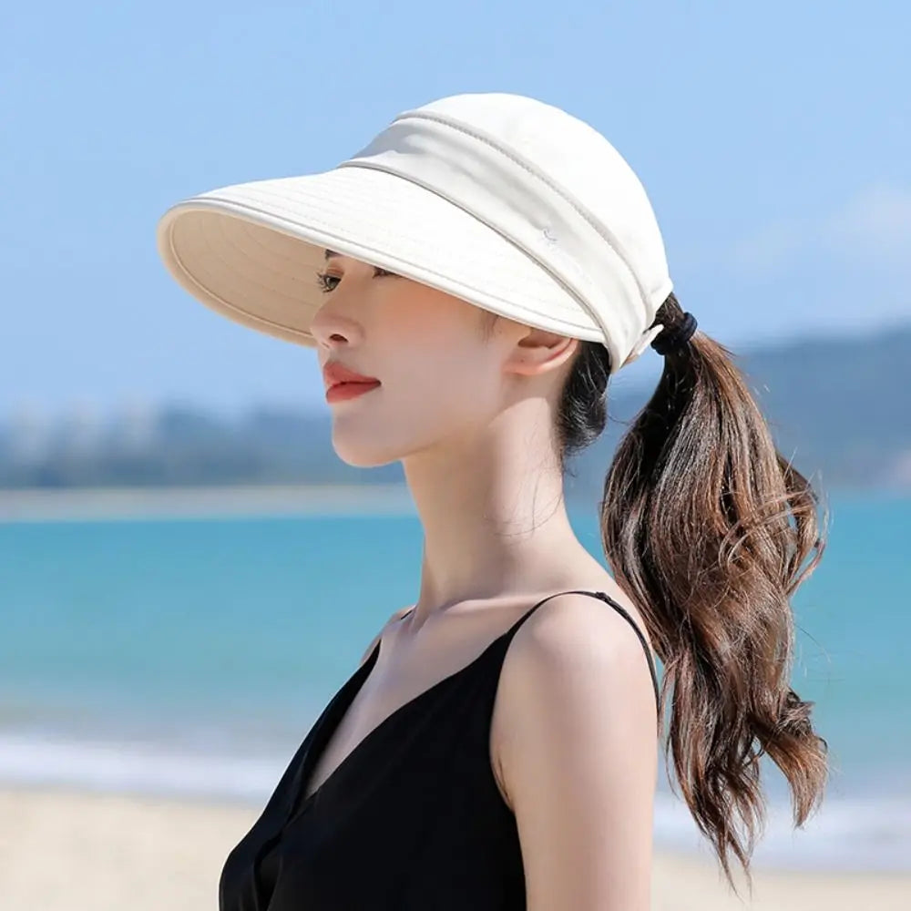 Outdoor Wide Brim Women Summer Sun Hat UV Protection Detachable Empty Top Ponytail Cap Foldable Adjustable Beach Cap Quake beige
