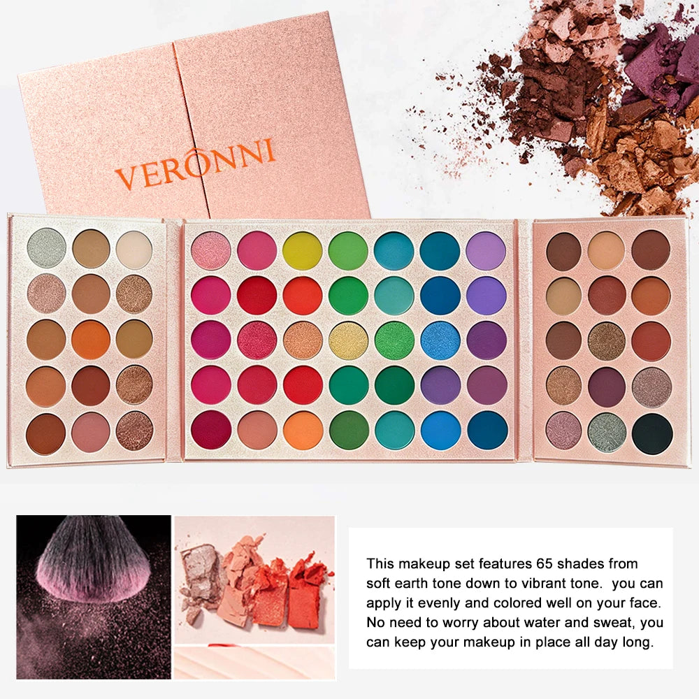 VERONNI 65 Colors High Pigment Eyeshadow Palette Long Lasting Easy Makeup Pearl Brown Eyeshadow Palette, Pink Eyeshadow Palette Quake