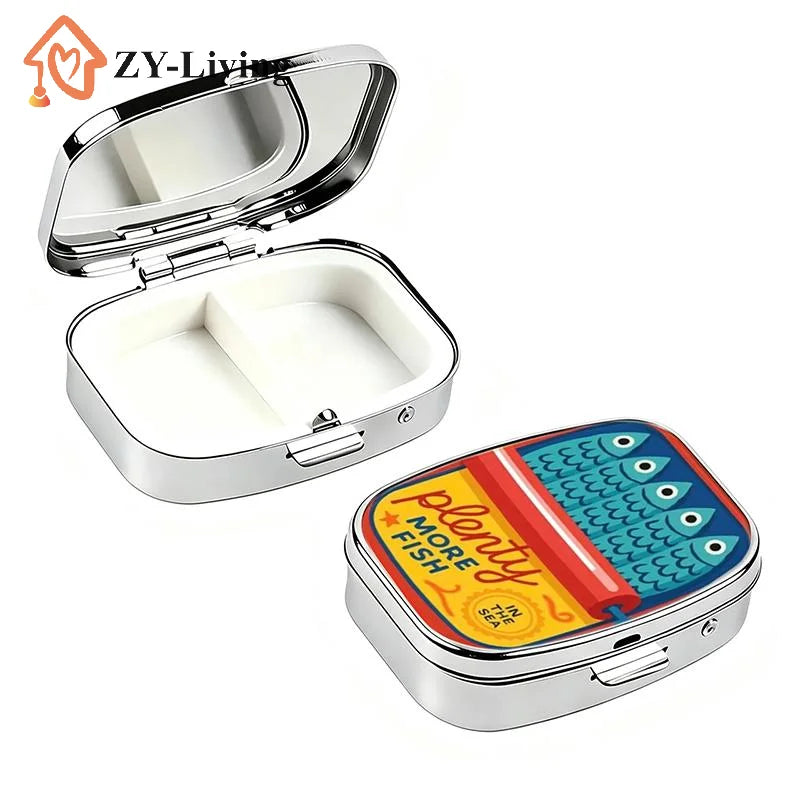 1Pcs 2-Compartment Retro Sardine Print Pill Box Metal Mini Organizer For Women Travel Jewelry Medicine Candy Storage Quake