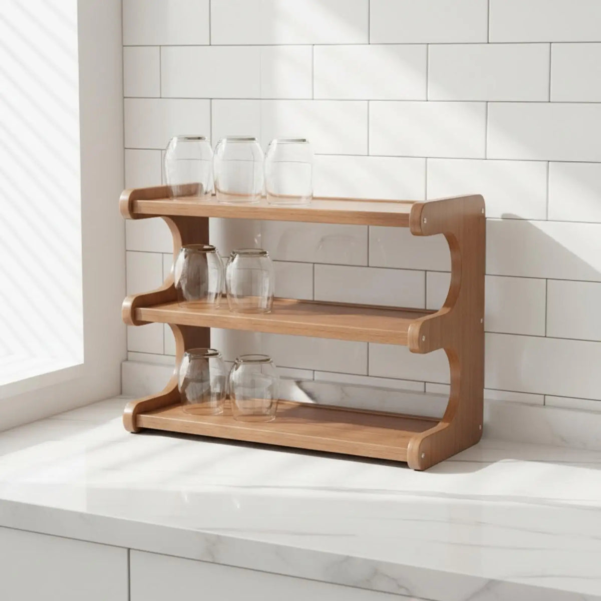 Freestanding Desktop Storage Rack Space-Saving Open-Shelf Tabletop Organizer Compact E-Shaped Desktop Shelf for Kitchen, Dining Quake