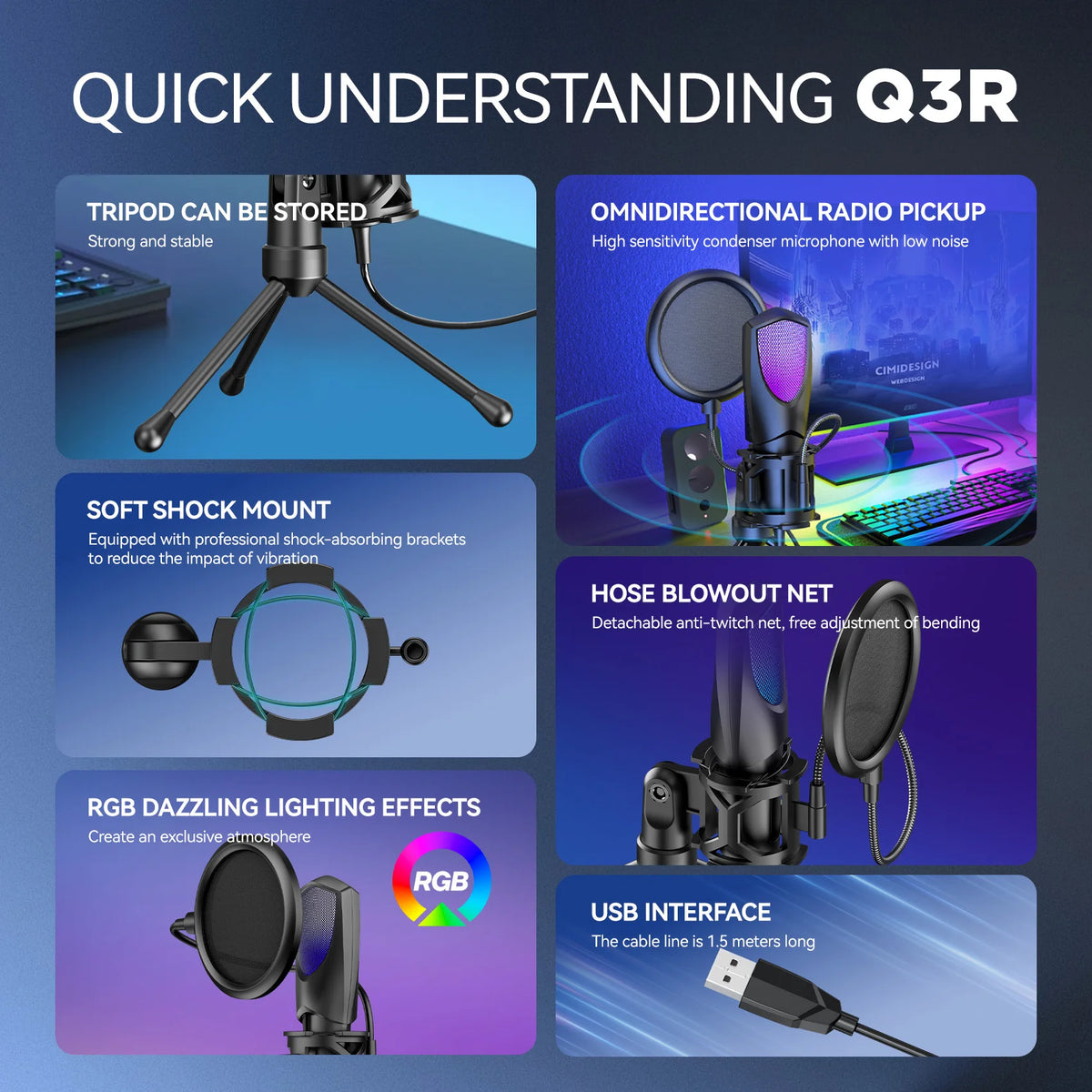 RGB Gaming Condenser Microphone,USB Gaming Microphone Kit for Laptops,PC Podcasts,Gaming,Voiceovers,Vocals & Instruments Quake