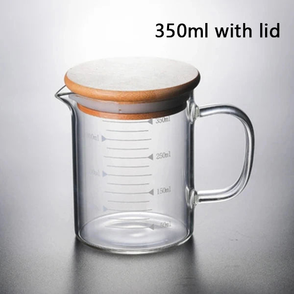 YWDL 250-1000ml Food Grade Glass Measuring Cups Kettle Kitchen Milk Tea with Lid and Handle Laboratory Beaker Measuring Mug Quake 350ml