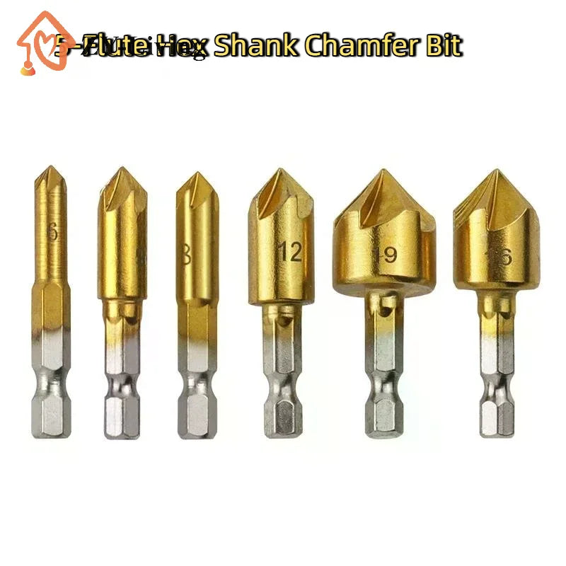 3/6Pcs Hexagonal Handle Titanium Plated Five Edge Chamfering Knife Countersunk Drill 6-19mm Woodworking Spot Facer Tool Set Quake