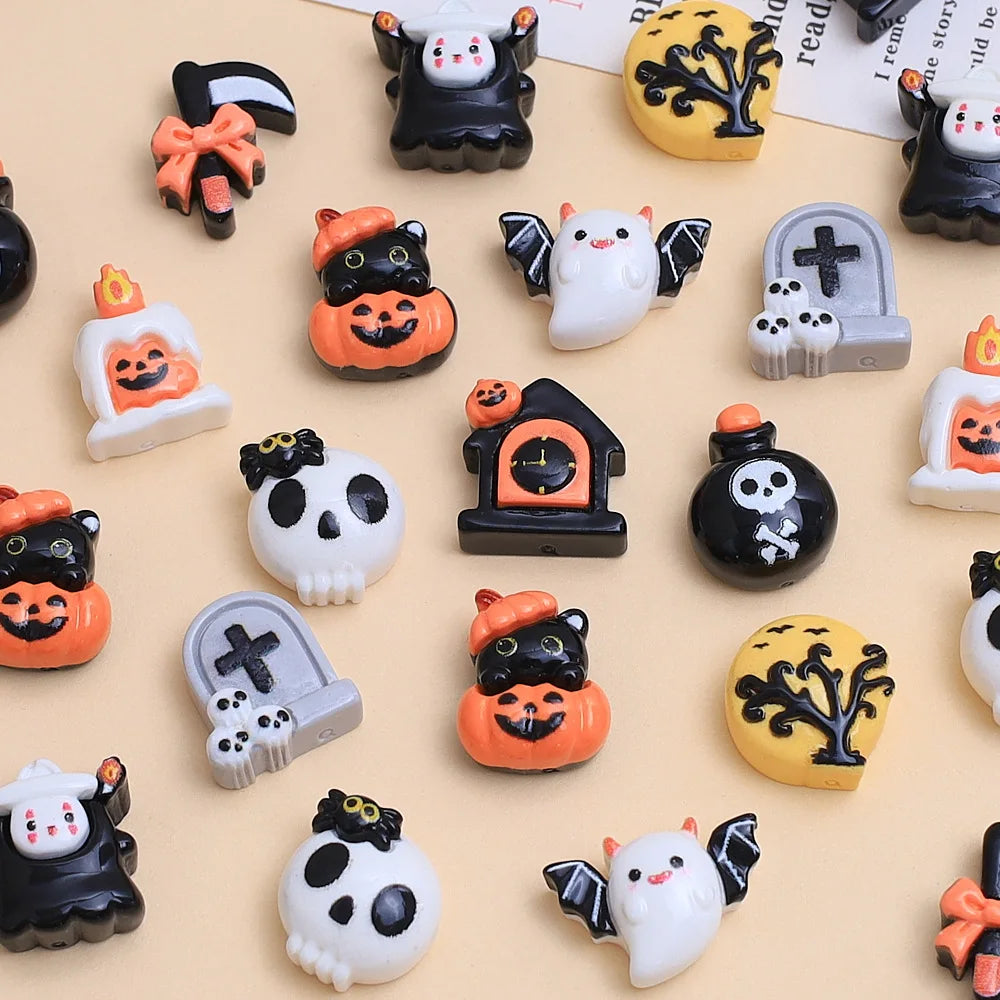100Pcs Mini Halloween Ghost Pumpkin Bat Flatback Resin Cabochons Scrapbooking For Nail Craft Decoration DIY Hair Bows Accessorie Quake