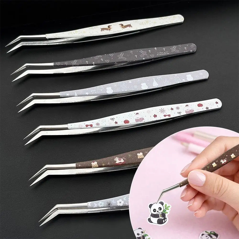 Stainless Steel Curved Stickers Tweezers High Precision Anti-static Lashes Extension Tweezer Cartoon Bean Tweezers Quake