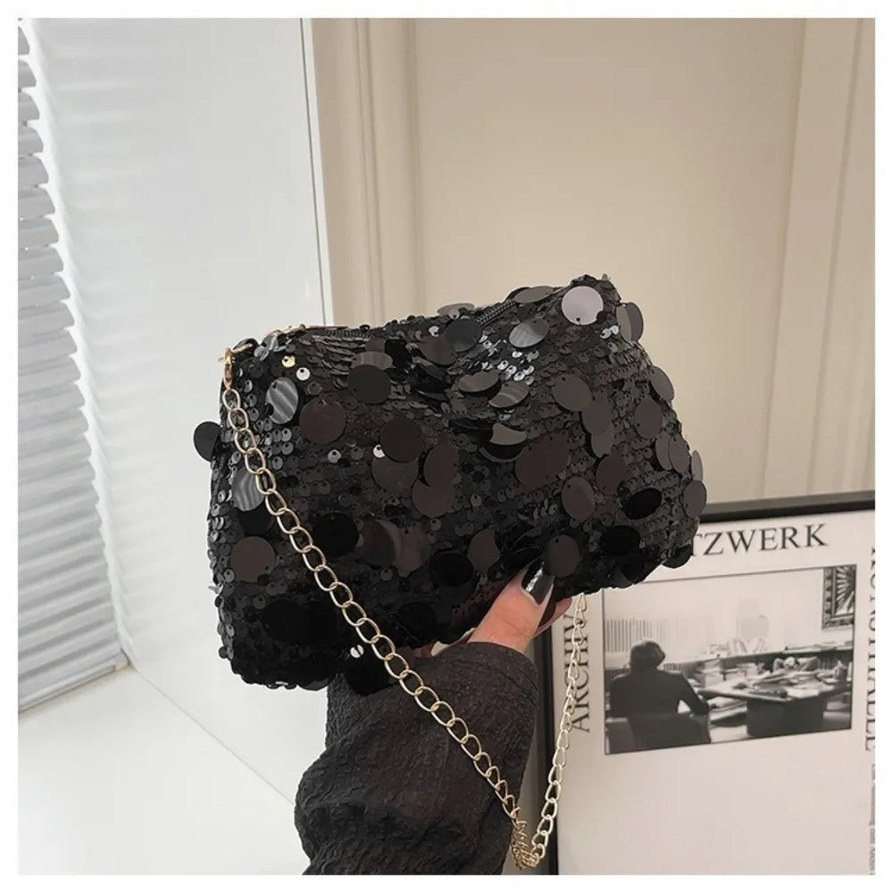 Casual Sequin Shoulder Bag Lightweight Large Capacity Chain Crossbody Bag Solid Color Female Handbag For Evening Party Quake