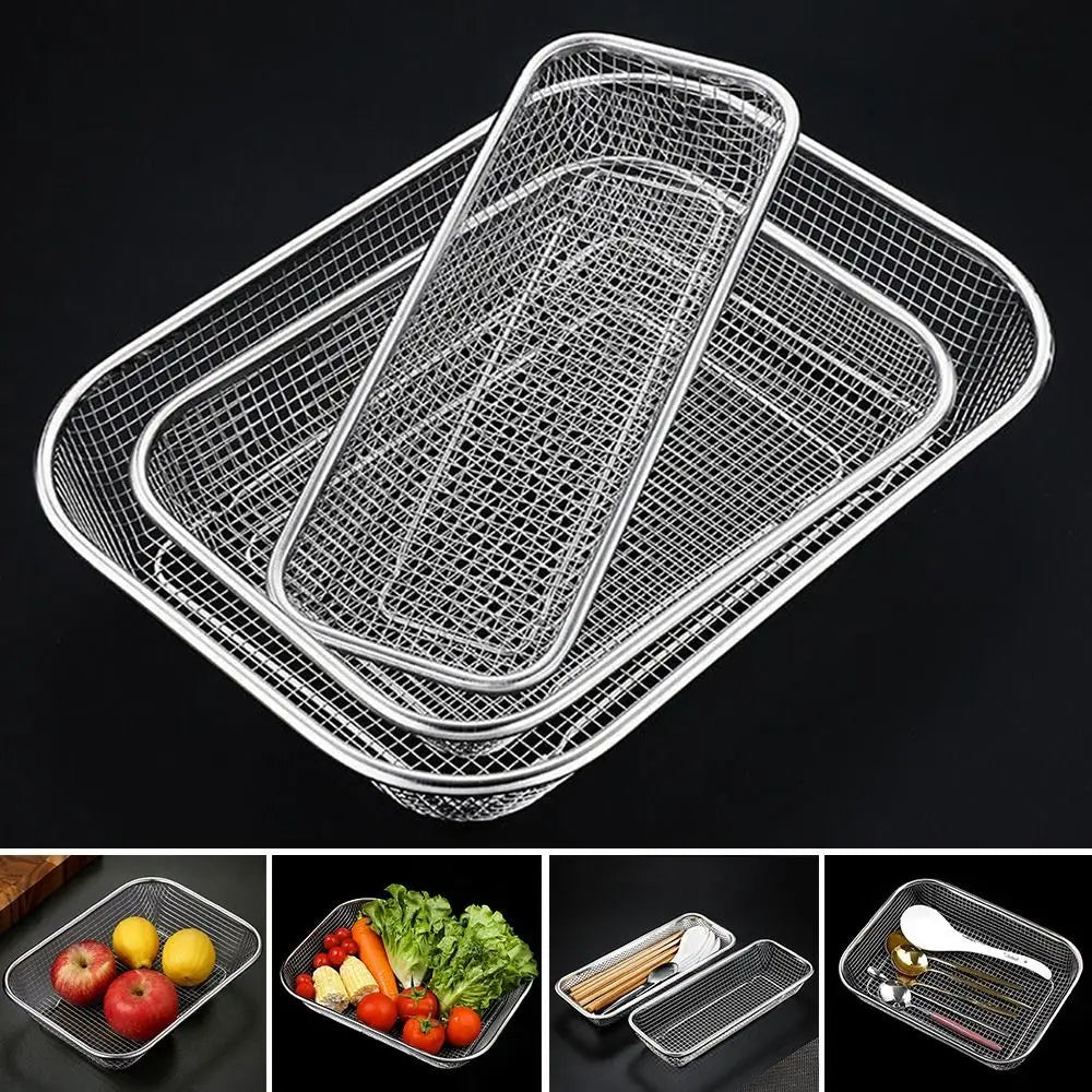 New Stainless Steel Washing basket Sink Strainer Colander Square Storage Baskets Handles Kitchen Supplies Net Baskets Quake