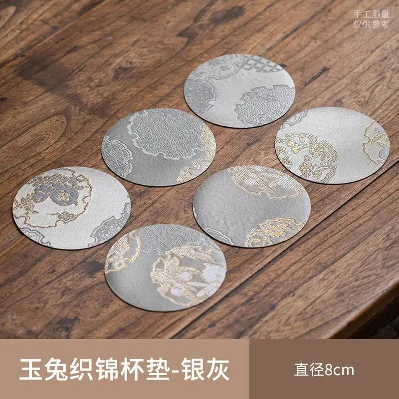 Chinese Tea Set Brocade Coaster Double-Sided Cup Mat Fabric Round Heat Insulation Mat Teapot Mat Diameter 8cm Traditional Quake of 6 - Silver Gray