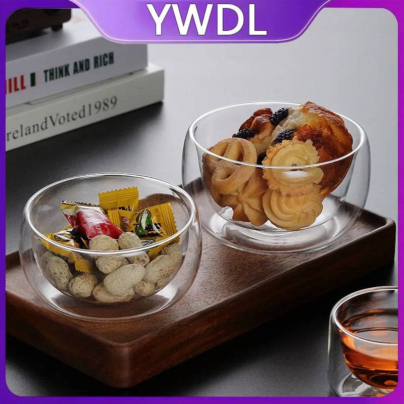 YWDL Double Wall Glass Bowls 300ml/500ml High Borosilicate Dessert Bowl Serving Bowls for Salad Yogurt Ice Cream Soup Quake