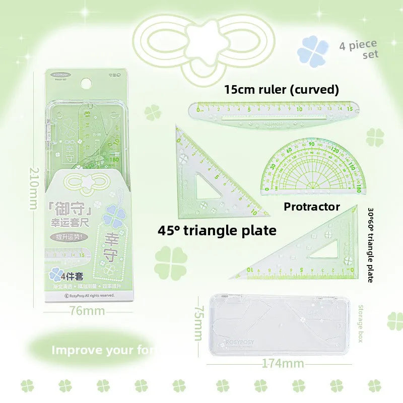 Ins Style Transparent Triangle Ruler Set Student Stationery Math Drawing Tools for School Ruler Set Tool Quake green-4pc