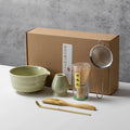 YWDL 6pcs Japanese Matcha Tea Set Ceramic Bowl with Spout 100 Prongs Bamboo Whisk Chasen Holder Sifter Sage Green Gift Box Quake green Six-piece Set