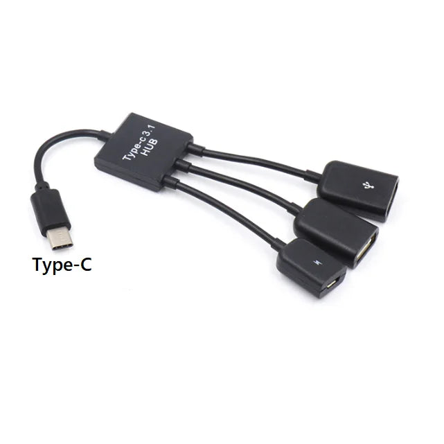 Newest 3 in 1 Micro USB Type C HUB Male to Female Double USB 2.0 Host OTG Adapter Cable For Smartphone Computer Tablet 3 Port Quake Type C