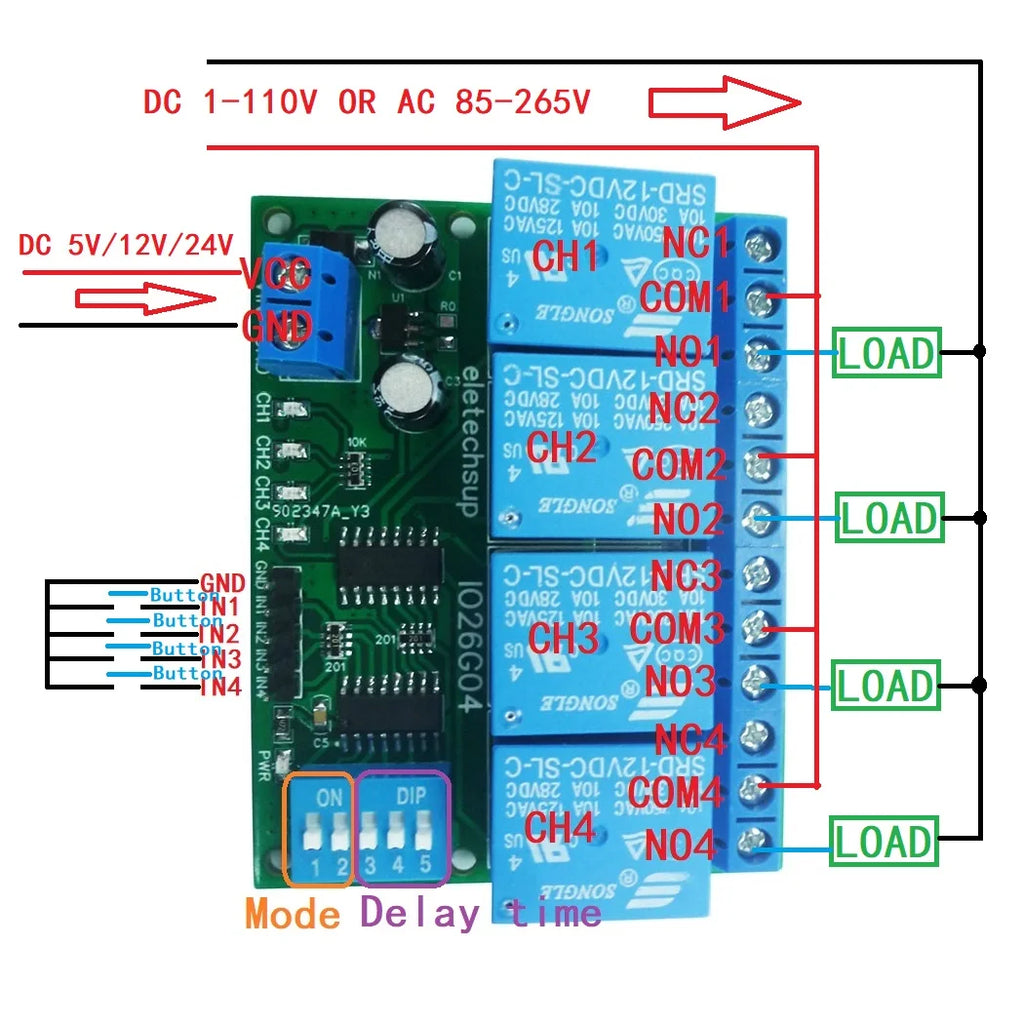 1 PCS 4ch DC 5V 12V 24V DIP Switch Delay Relay Module Flip-Flop Latch Bistable Self-locking Interlock Latch Power Conditioner Quake