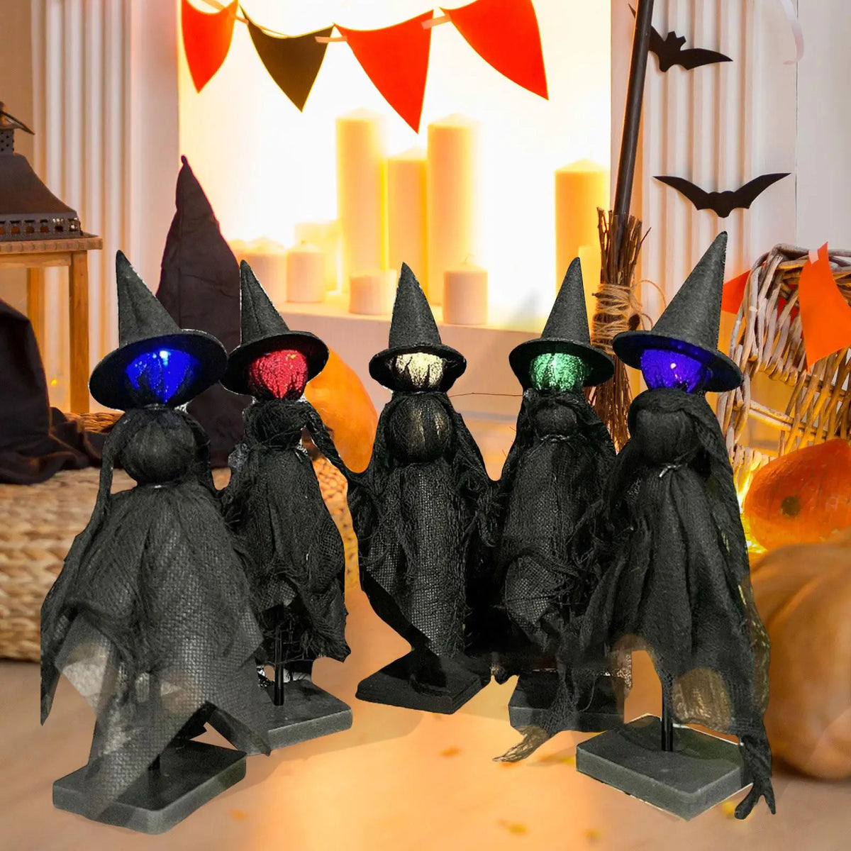Primitive Witch Figurines Lighted Statues Handcraft Creative Craft Sculptures Halloween Decor for Party Shelf Mantel Indoor Quake 5pcs