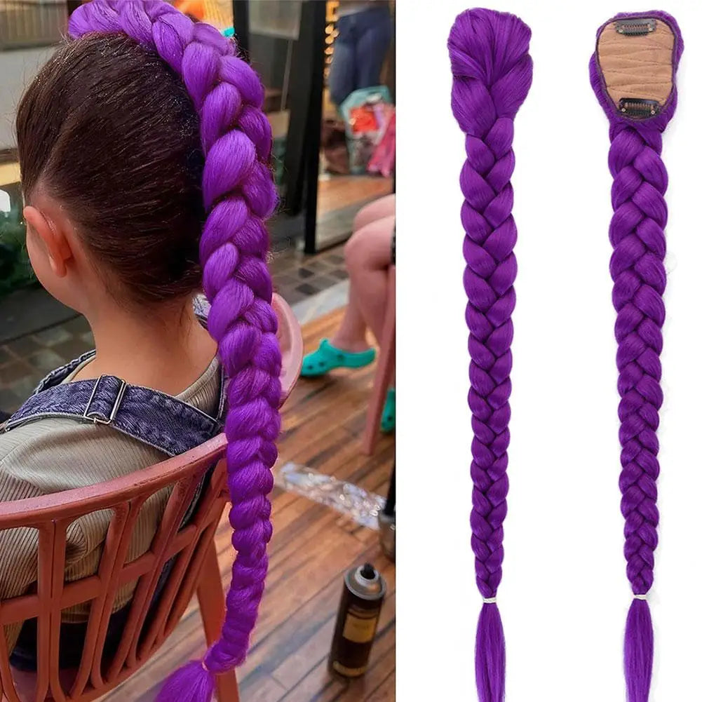 Purple Braided Ponytail Hair Extension for Kids Clip In Long 26 Inch Synthetic Braid for Halloween Christmas Party Cosplay Quake