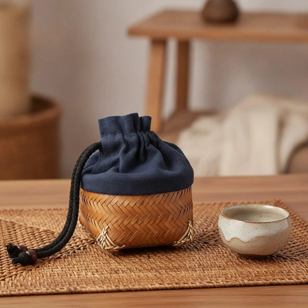 Portable Bamboo Tea Cup Pouch Handwoven Storage Bag Drawstring Cloth Design for Home Travel and Collectible Care Quake