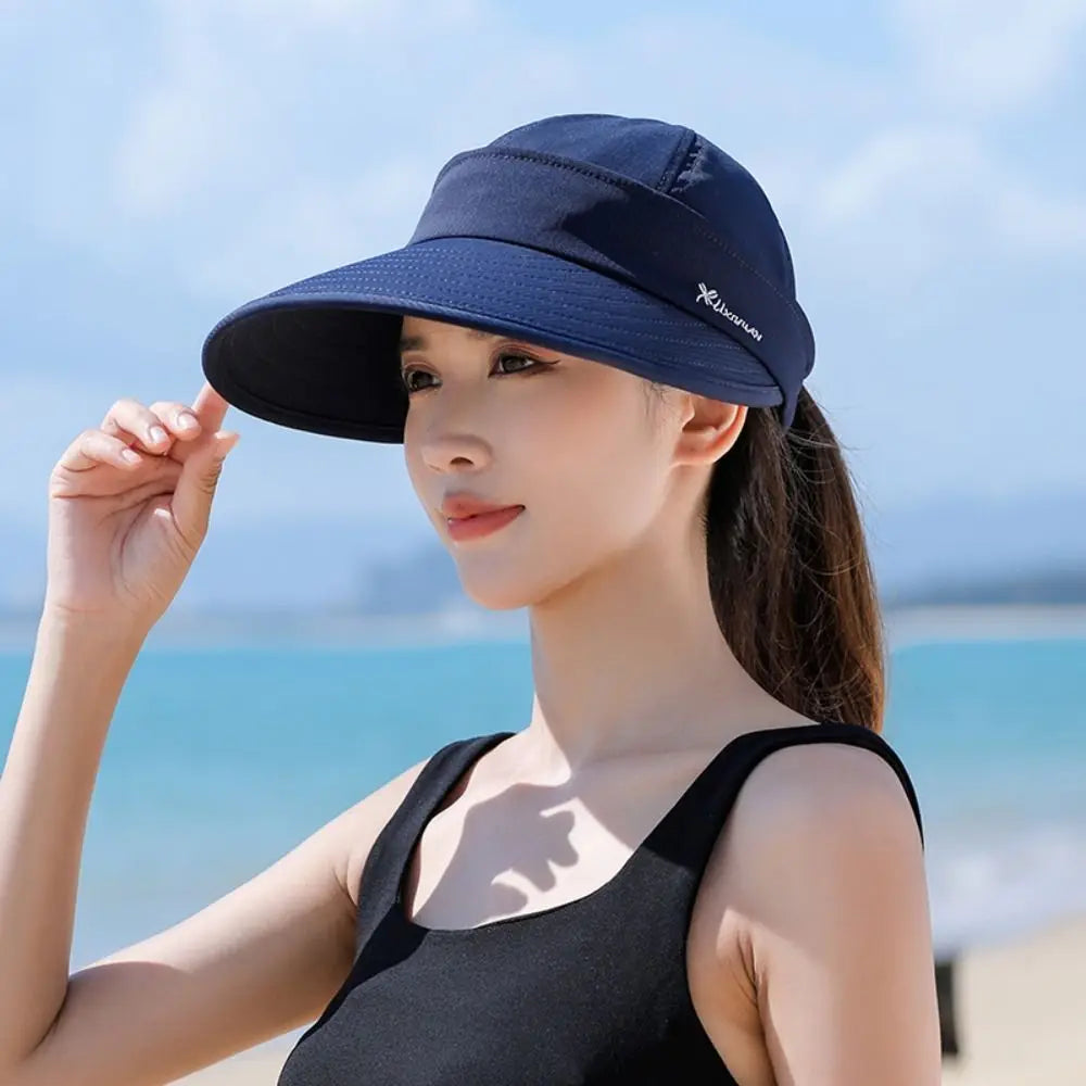 Outdoor Wide Brim Women Summer Sun Hat UV Protection Detachable Empty Top Ponytail Cap Foldable Adjustable Beach Cap Quake navy blue