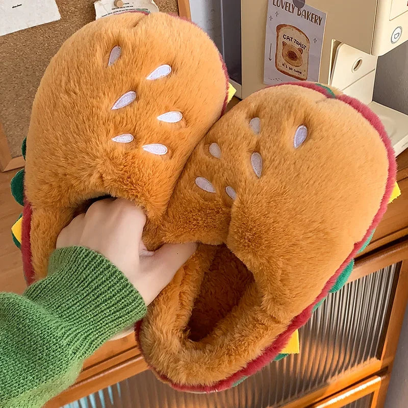 Hamburger Cotton Slippers for Women in Winter New Home Bag and Warm Plush Couple Cotton Shoes for Women Quake