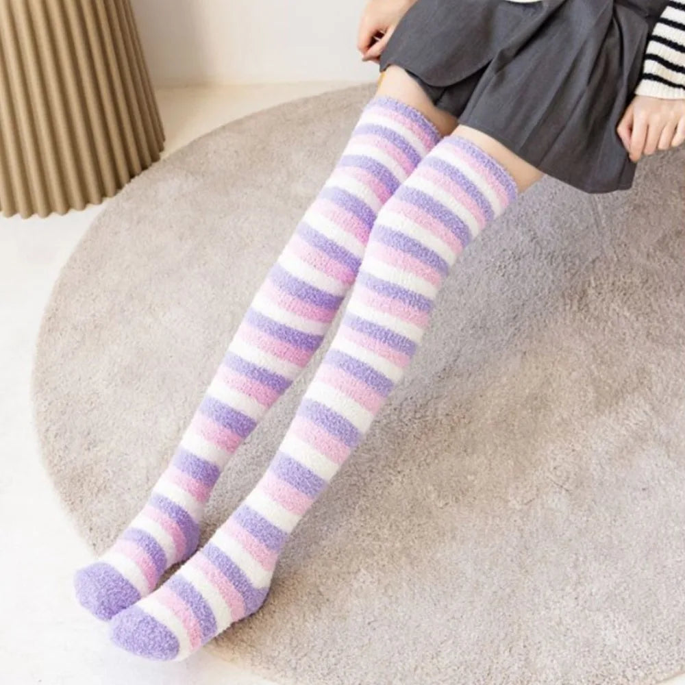 Soft Warm Striped Stockings Long Tube Comfortable Over Knee Socks Coral Velvet Cozy Lined Terry Socks Winter Quake 1 One Size