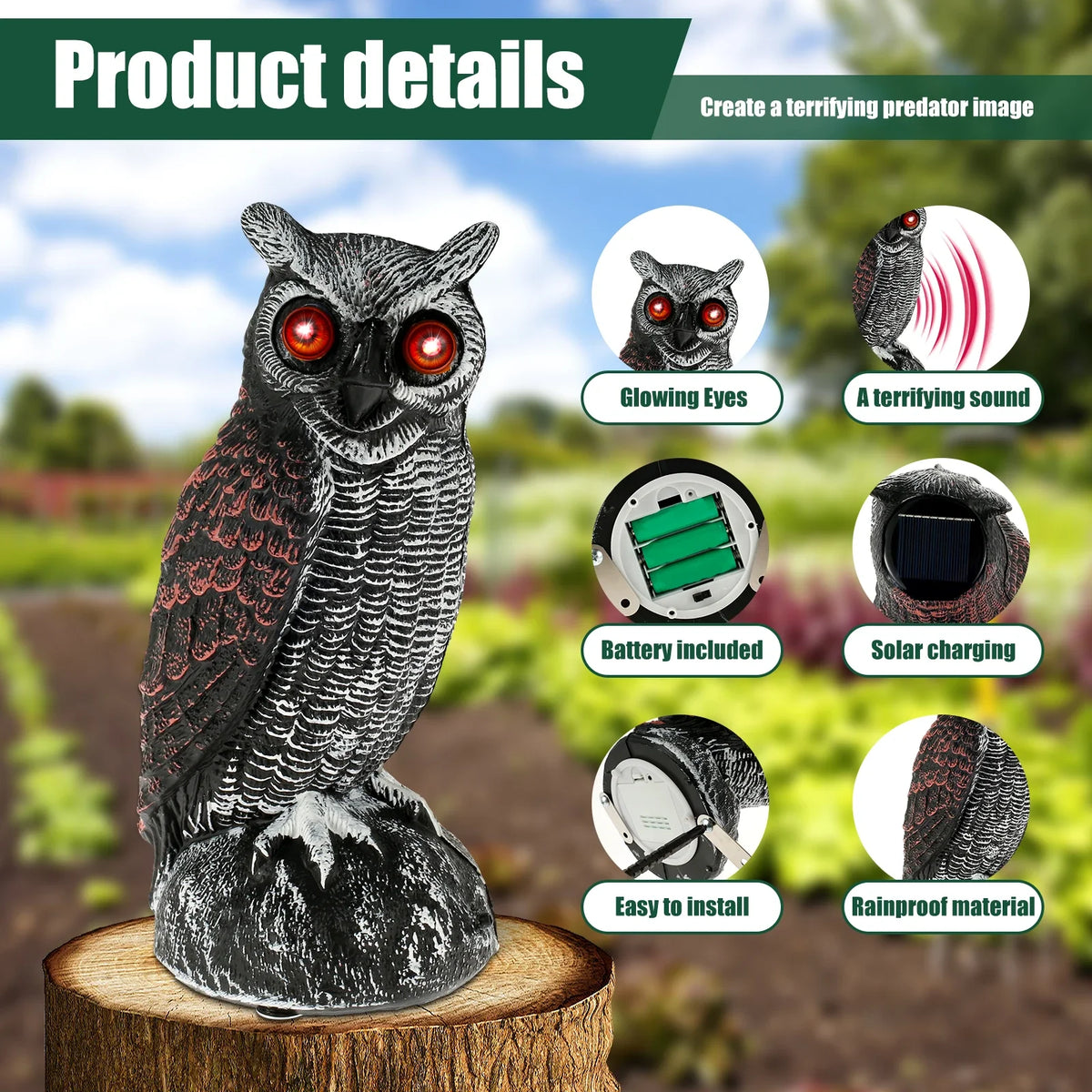 New Solar Owl Scare Bird Control Devices Waterproof Garden Fake Owl Deterrent Decoration With Scary Sound and Eyes Emit Light Quake