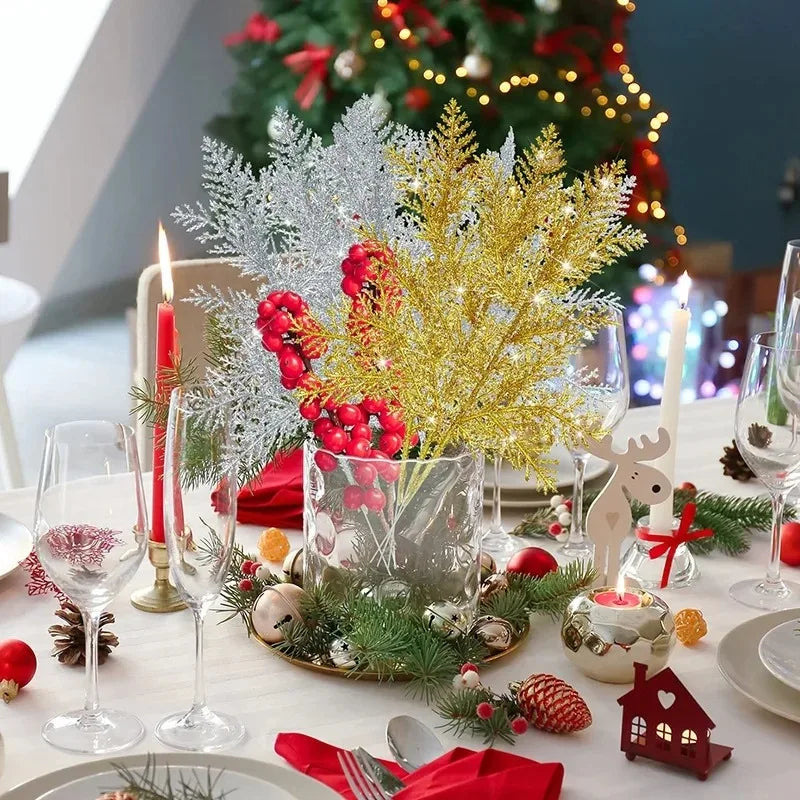 10/5Pcs Artificial Plants Pine Branches Christmas Glitter Gold Leaves Xmas Tree Decoration Pendant Christmas Home Decoration Quake