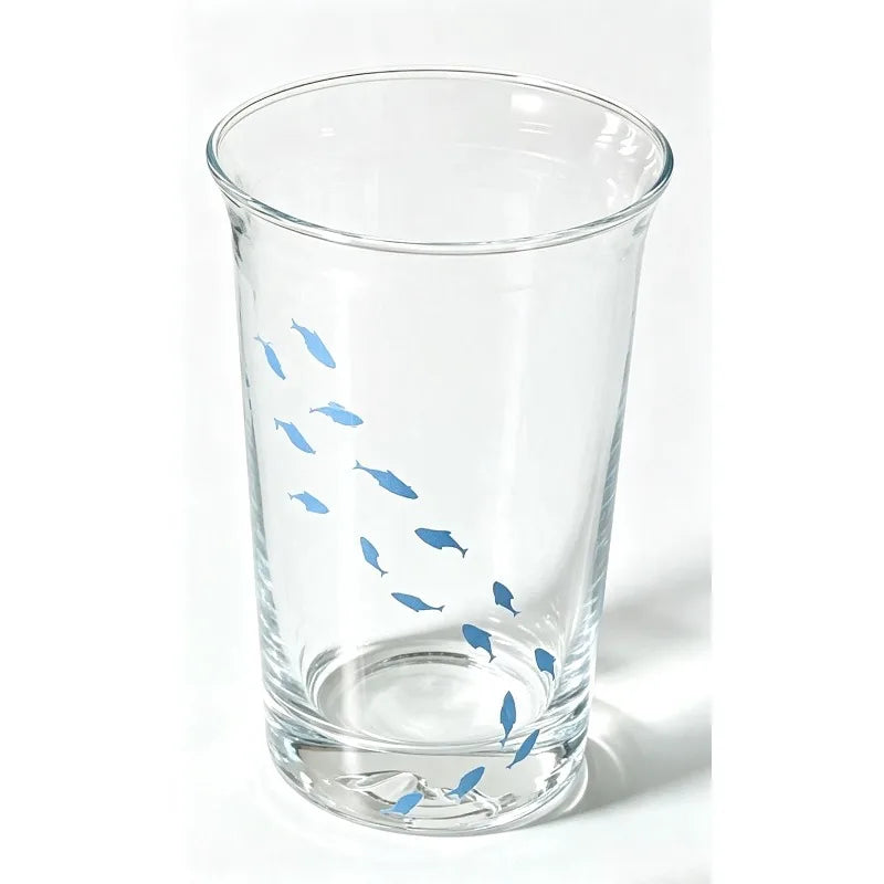 1pc Ins Style Printed Small Fish Glass Cup Flip Over Milk Juice Coffee Cup High Aesthetic Drinking Utensil Quake Light blue 401-500ml