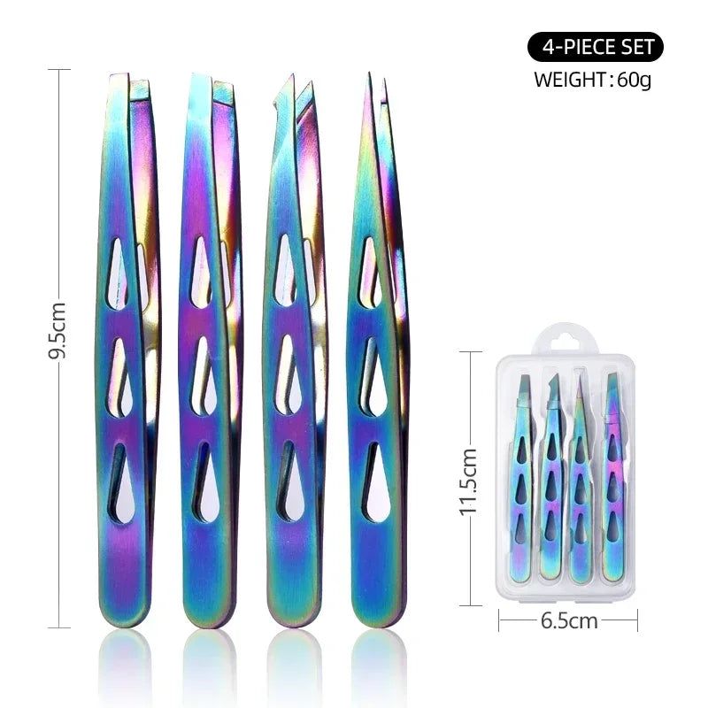Professional 4-Pc Stainless Steel Eyebrow Tweezer Set – Precision Tweezers for Facial Hair, Splinters & Ingrown Hair Removal Quake M386 Colorful 4 pcs