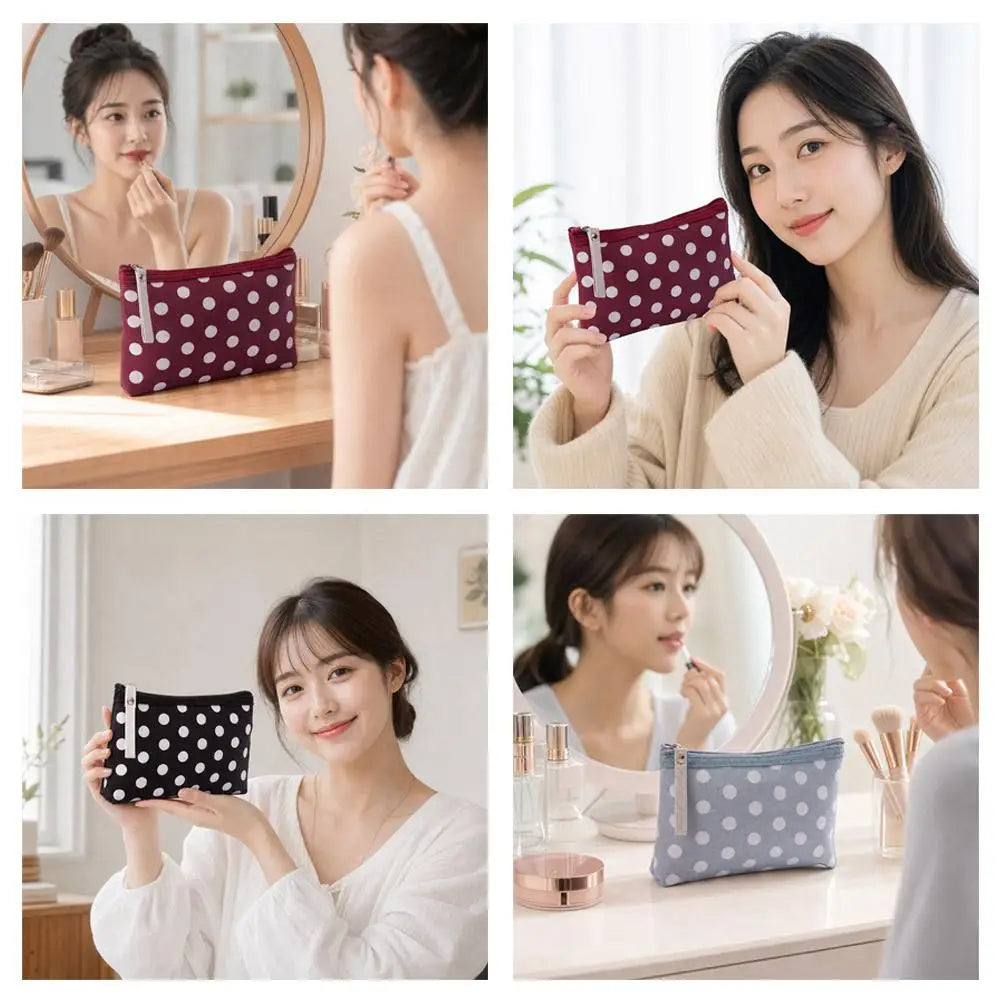 Portable Small Cute Polka Dot Canvas Makeup Bag for Women Girls Simple Travel Lipsticks Organizer Cosmetic Pouch with Zipper Quake