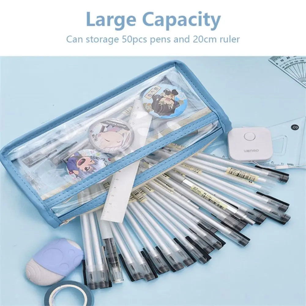 Double-Layer Large Capacity Pen Bag Student Transparent Waterproof Stationery Bag Portable Pencil Case Stationery Organizer Quake