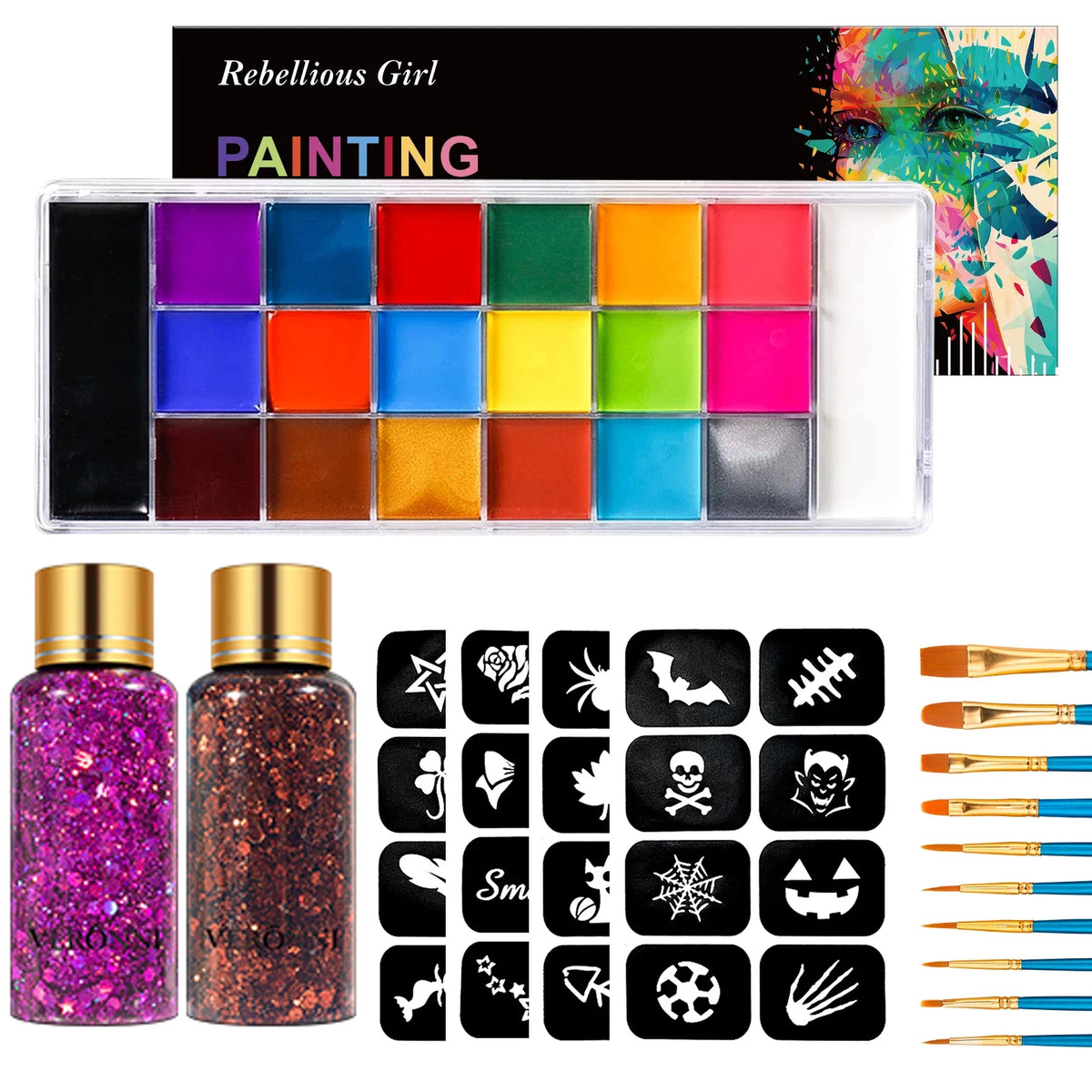 20 Colors Face Body Paint Palette Oil Makeup Set SFX Body Art Halloween Party Painting with 10 pcs brushes,Tattoo Stencil kit Quake 5 pcs D Set