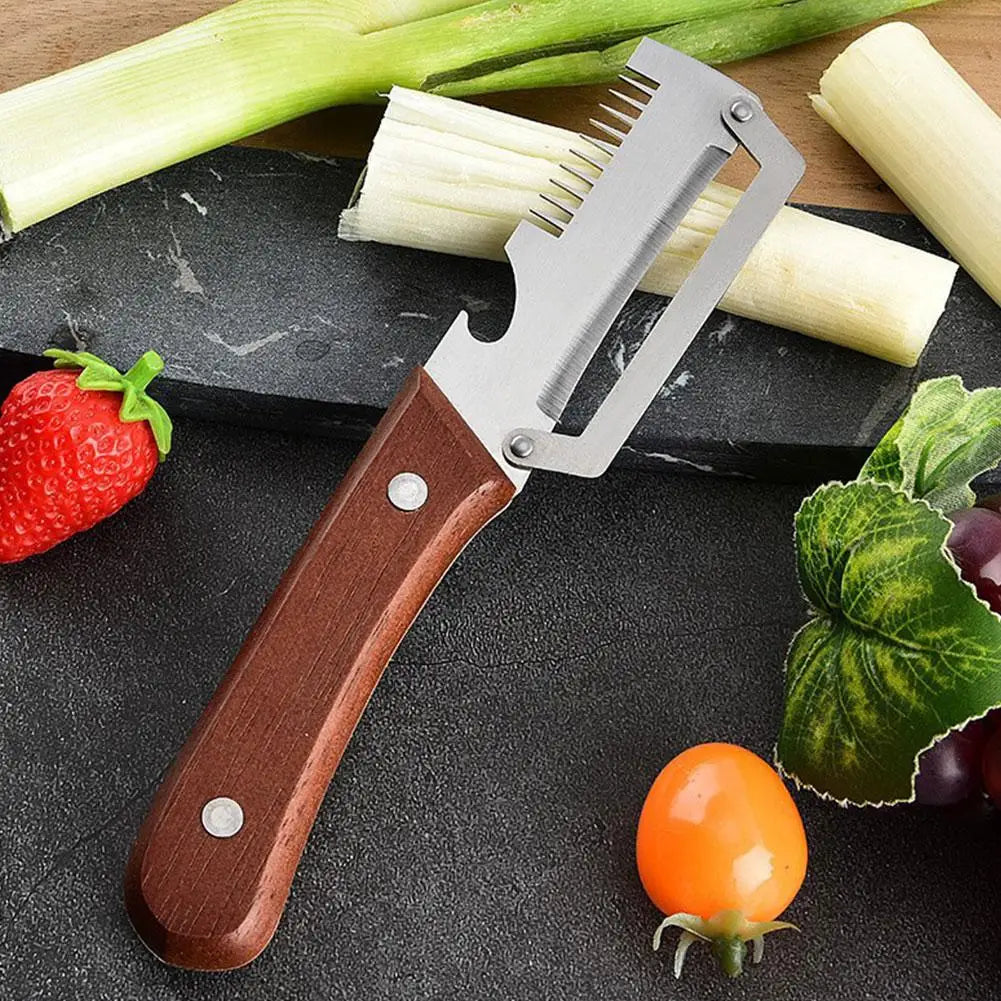 Stainless Steel Scallion Shredder Multifunction Kitchen Peeler Squid Cutter Onion Slicer with Wooden Handle Quake