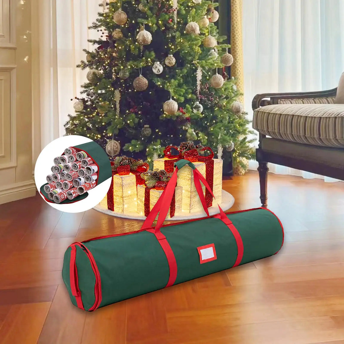 Wrapping Paper Rolls Storage Bag Zipper Closure with Handles Space Saving Easy Carrying Wrapping Paper Organizer Holiday Storage Quake Green