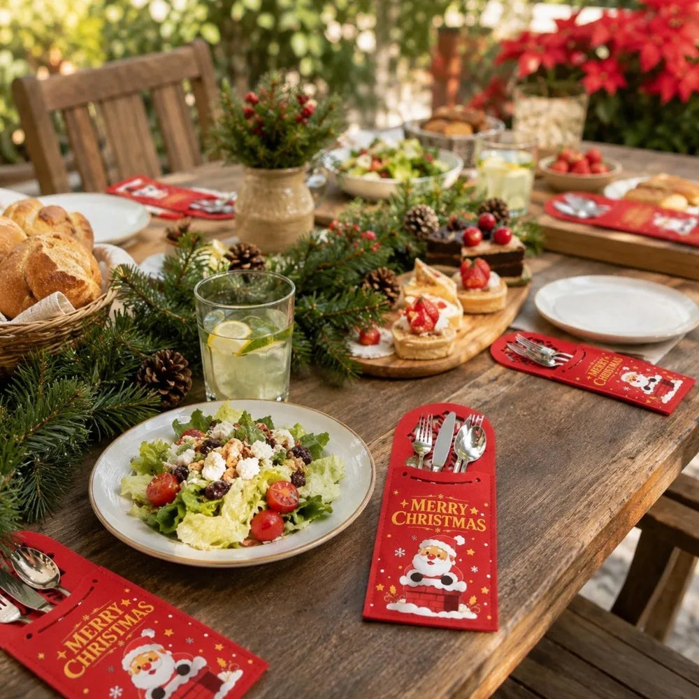 10/1PCS Felt Christmas Cutlery Holder Hollow Santa Claus Snowflake Pouch Xmas Fork Knife Spoon Bags Festive Table Decor Supplies Quake